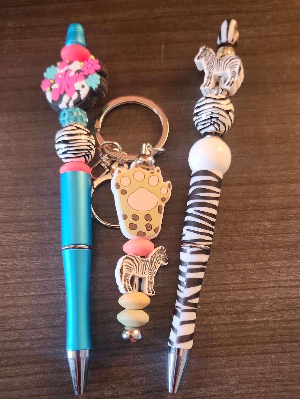 Zebra Beaded Pen & Keychain With Animal Paw And MAMA Blue Beaded Pen